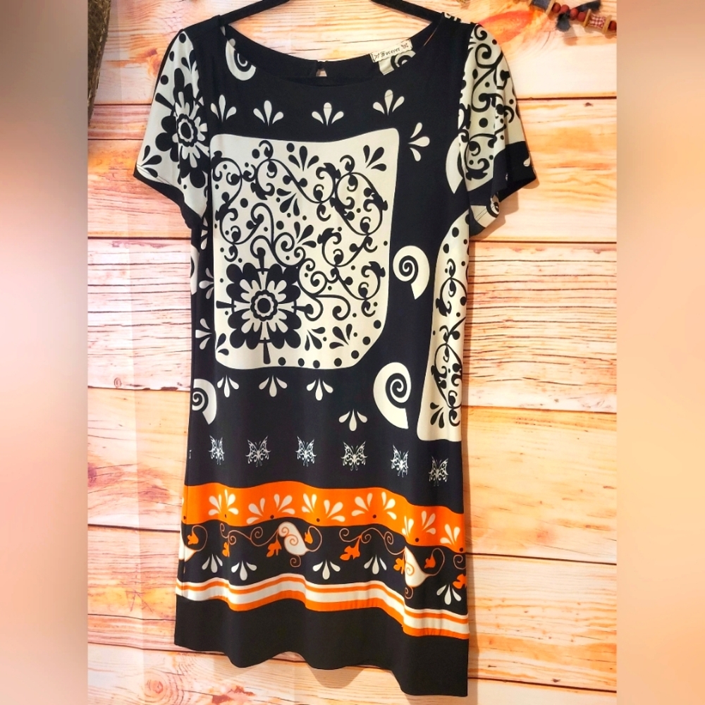 "FOREVER 21" Beautifull Flirty & Trendy Black, Tan & Orange Dress! MEDIUM